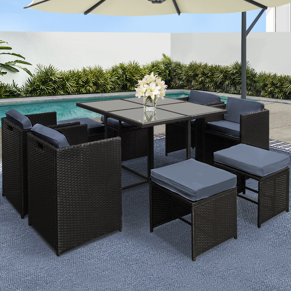 Gardeon Outdoor Dining Set 9 Piece Wicker Table Chairs Setting Black-Outdoor Dining Sets-PEROZ Accessories