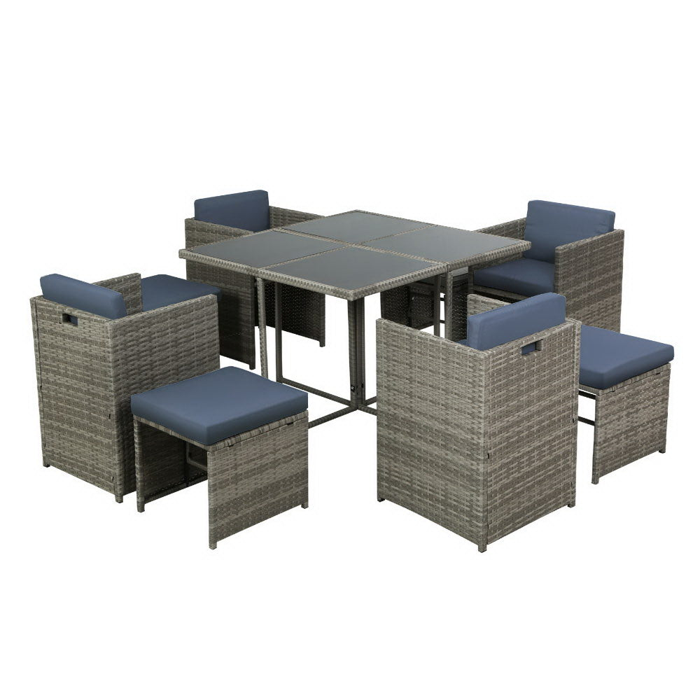 Gardeon Outdoor Dining Set 9 Piece Wicker Table Chairs Setting Grey-Outdoor Dining Sets-PEROZ Accessories