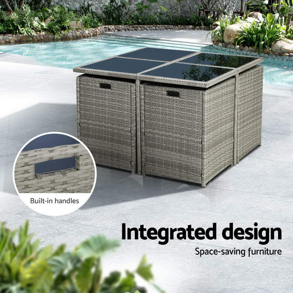 Gardeon Outdoor Dining Set 9 Piece Wicker Table Chairs Setting Grey-Outdoor Dining Sets-PEROZ Accessories