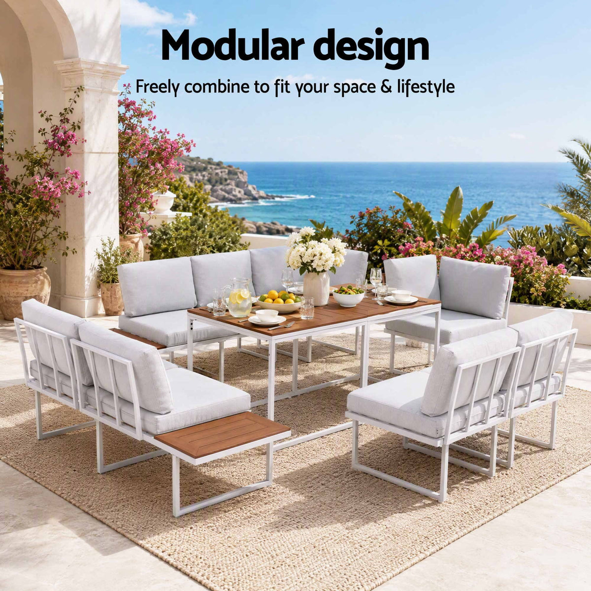Gardeon 8 Seater Outdoor Dining Sofa Set with WPC Side Tables Patio Furniture White