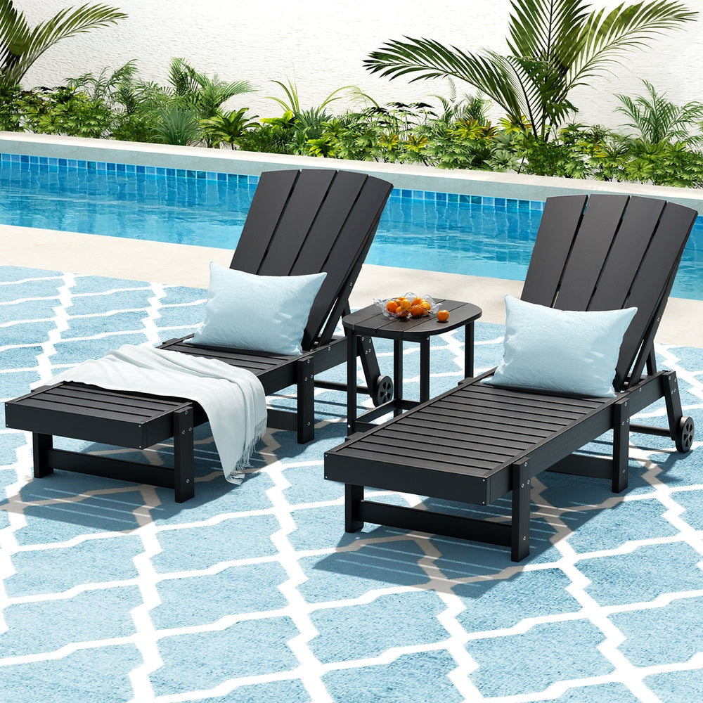 Gardeon Sun Lounge Lounger Table and Chairs Beach Chair HDPE Patio Outdoor Furniture Wheels Black-Furniture > Outdoor > Outdoor Chairs-PEROZ Accessories