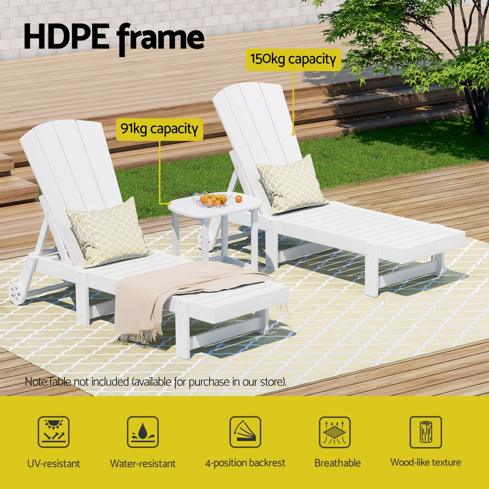 Gardeon Sun Lounge Lounger Table and Chairs Beach Chair Adirondack HDPE Patio Outdoor Furniture Wheels White-Furniture > Outdoor > Outdoor Chairs-PEROZ Accessories