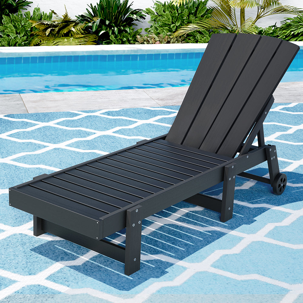 Gardeon Sun Lounge Beach Chair HDPE Adirondack Lounger Patio Outdoor Furniture with Wheels Black-Furniture > Outdoor > Outdoor Tables-PEROZ Accessories