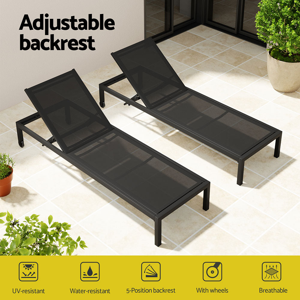 Gardeon Sun Lounge Outdoor Lounger Aluminium Folding Beach Chair Wheels Black-Furniture > Outdoor-PEROZ Accessories