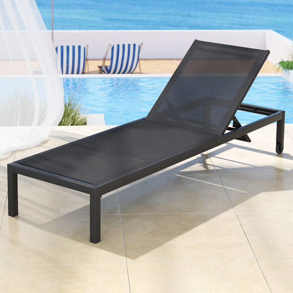 Gardeon Sun Lounge Outdoor Lounger Aluminium Folding Beach Chair Wheels Black-Furniture > Outdoor-PEROZ Accessories