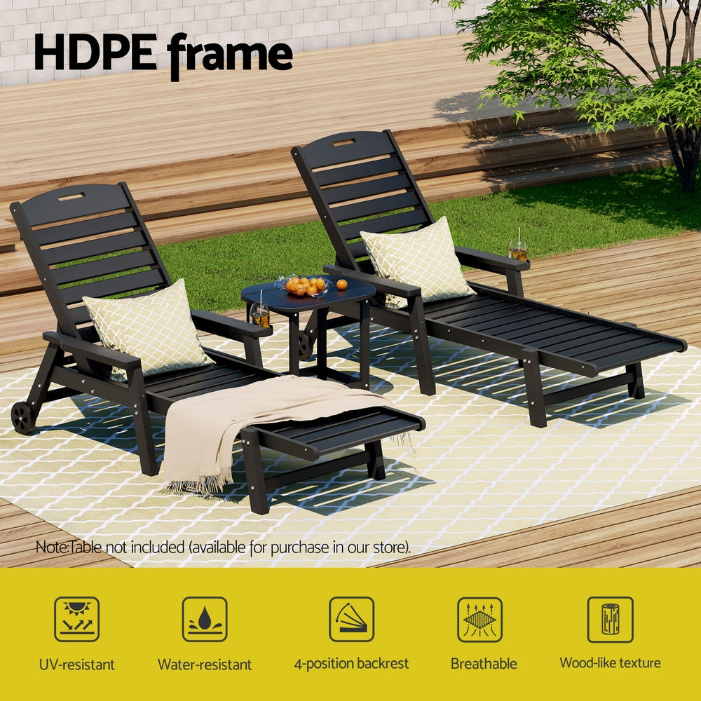 Gardeon Sun Lounge Lounger Beach Chair HDPE Patio Outdoor Furniture with Wheels Black-Furniture > Outdoor > Outdoor Chairs-PEROZ Accessories