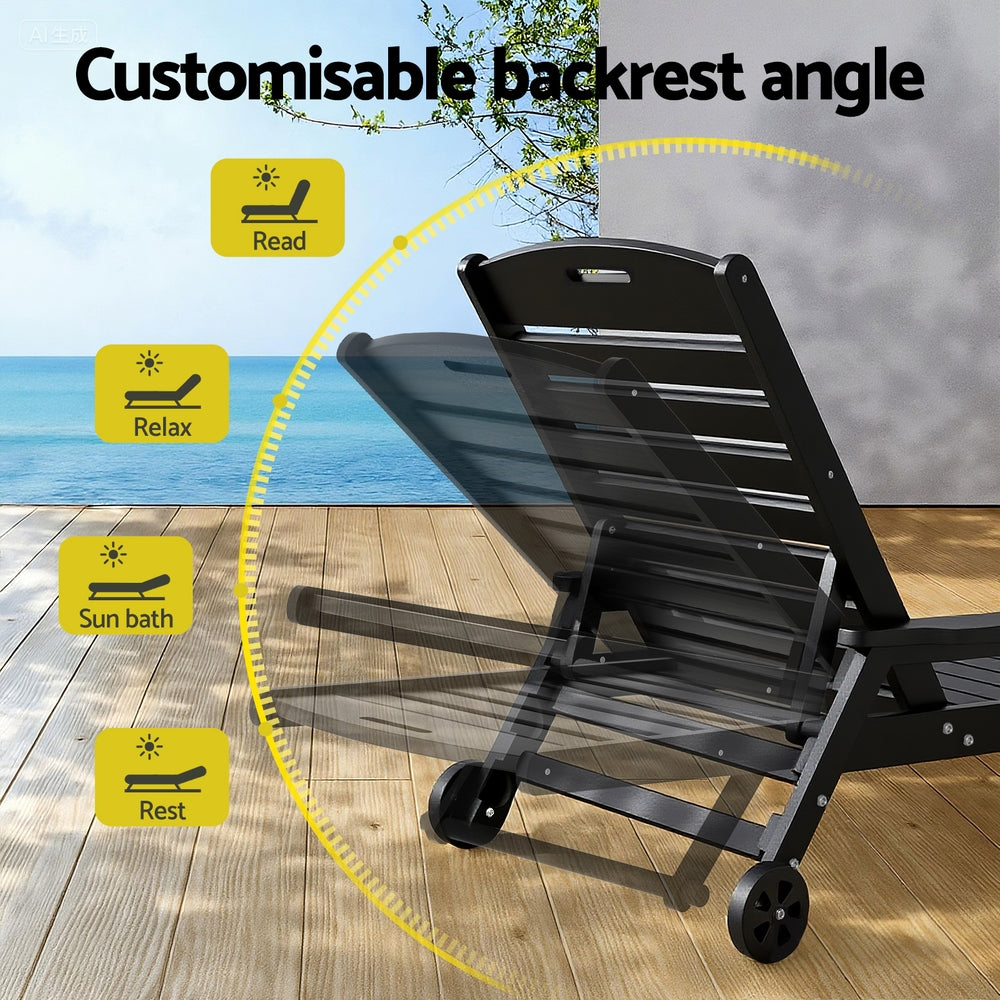 Gardeon Sun Lounge Lounger Beach Chair HDPE Patio Outdoor Furniture with Wheels Black-Furniture > Outdoor > Outdoor Chairs-PEROZ Accessories