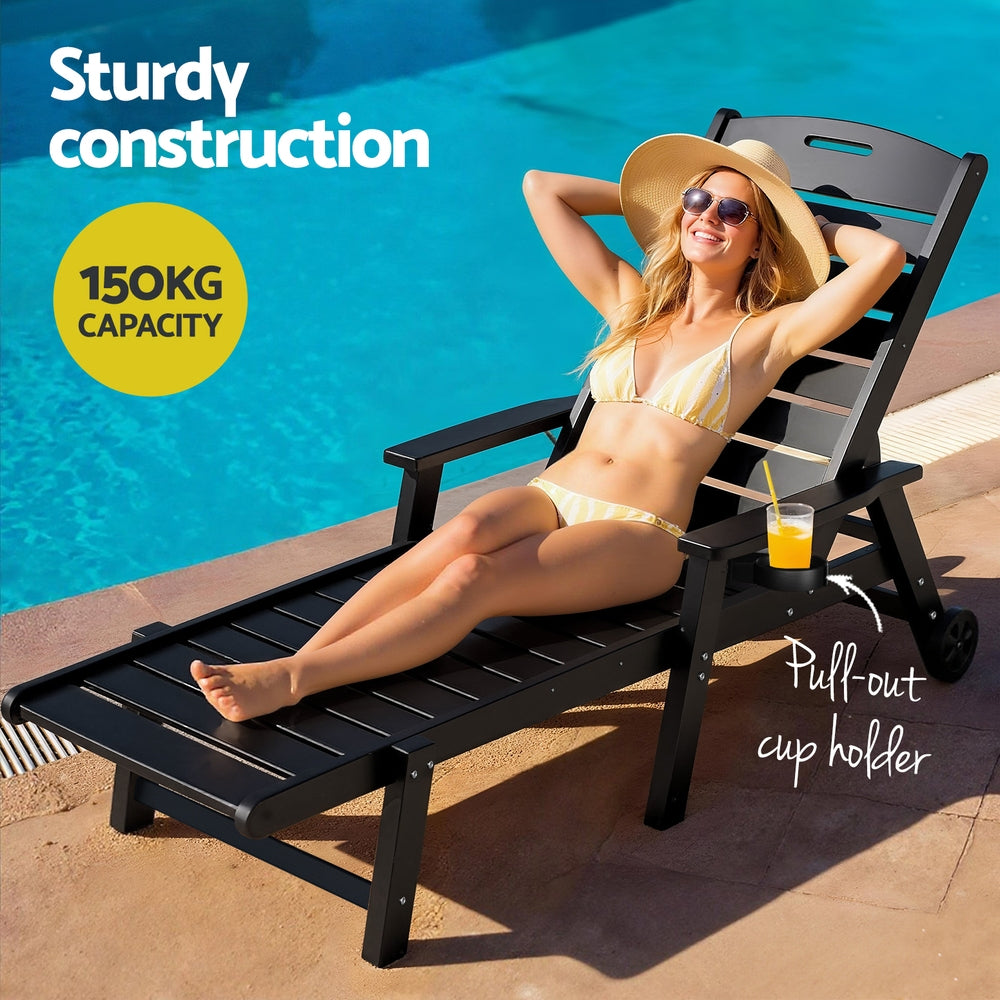 Gardeon Sun Lounge Lounger Beach Chair HDPE Patio Outdoor Furniture with Wheels Black-Furniture > Outdoor > Outdoor Chairs-PEROZ Accessories
