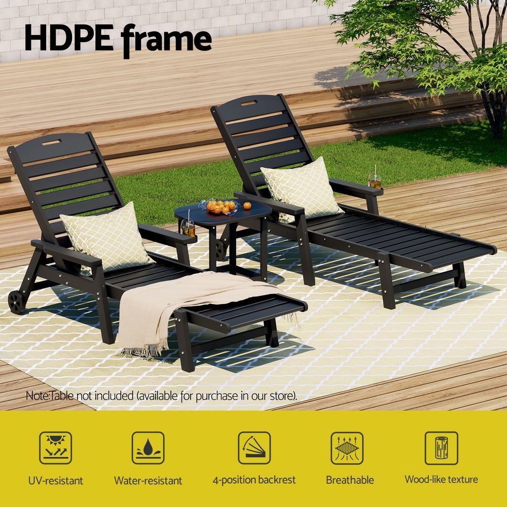 Gardeon 2PCS Sun Lounge Lounger Beach Chair HDPE Patio Outdoor Furniture with Wheels Black-Furniture > Outdoor > Outdoor Chairs-PEROZ Accessories
