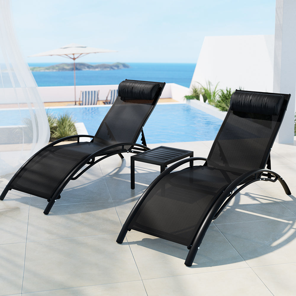 Gardeon 3PC Sun Lounge Outdoor Lounger Steel Table Chairs Patio Furniture Garden-Sun Lounges-PEROZ Accessories