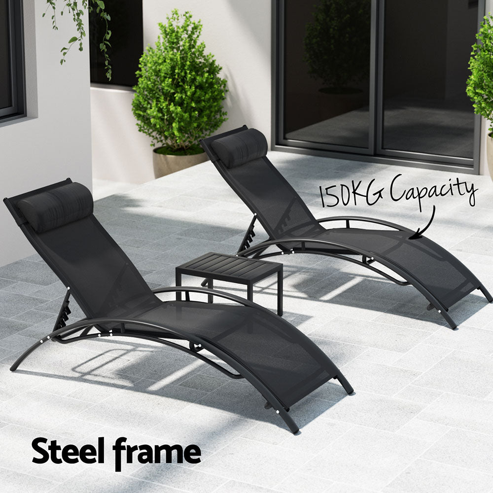 Gardeon 3PC Sun Lounge Outdoor Lounger Steel Table Chairs Patio Furniture Garden-Sun Lounges-PEROZ Accessories
