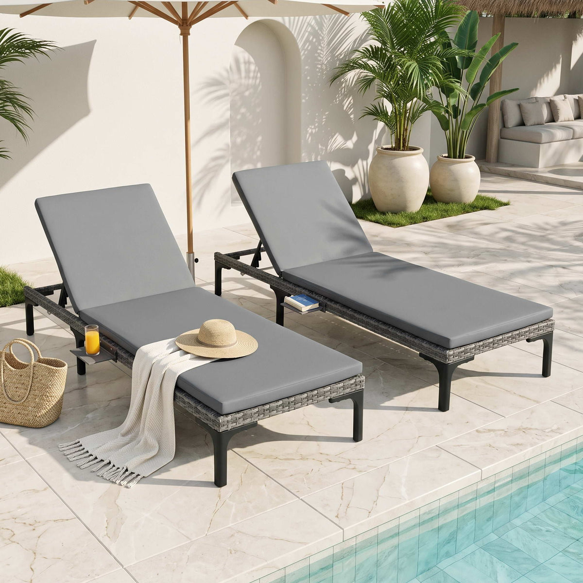Gardeon 2PC Sun Lounger PE Rattan Recliners with Cup Holder Cushion Rain Cover-Furniture > Outdoor > Outdoor Chairs-PEROZ Accessories