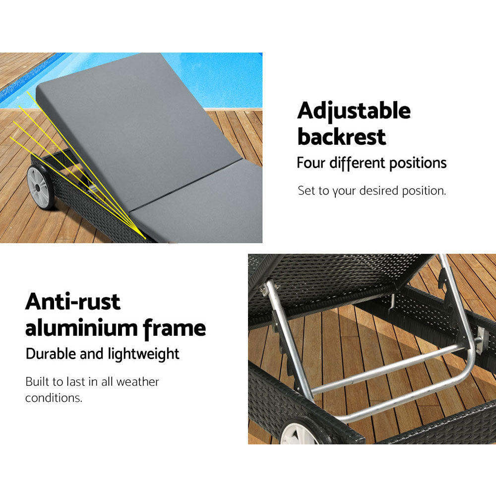 Gardeon Sun Lounge Wicker Lounger Outdoor Furniture Day Bed Wheels Patio Black-Sun Lounges-PEROZ Accessories