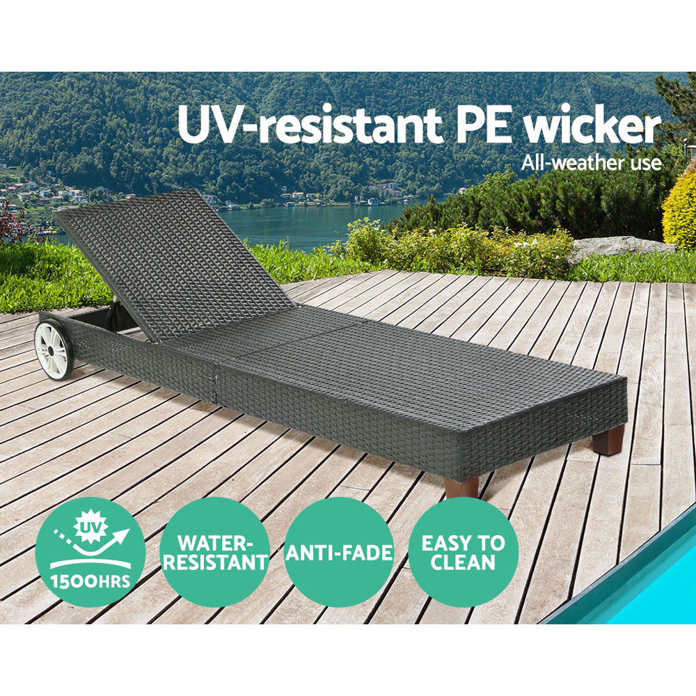Gardeon Sun Lounge Wicker Lounger Outdoor Furniture Day Bed Wheels Patio Black-Sun Lounges-PEROZ Accessories