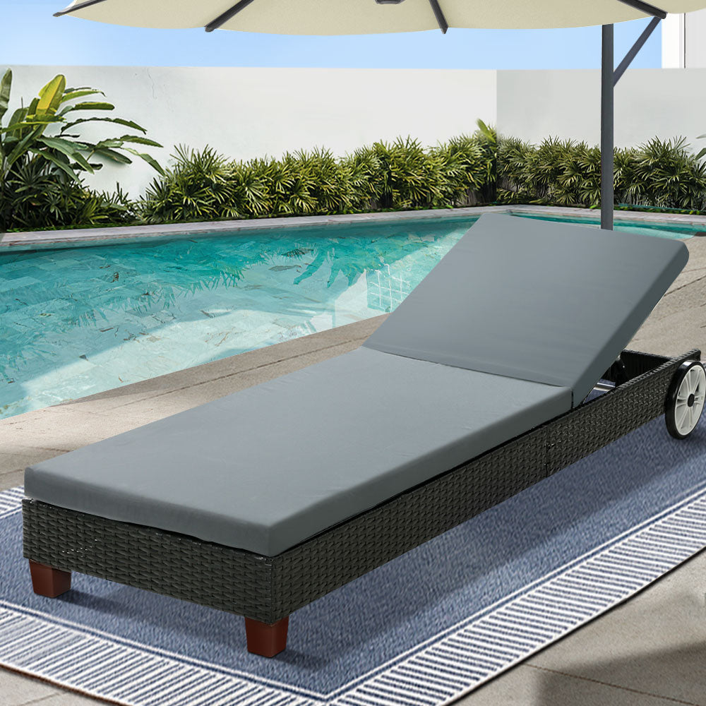 Gardeon Sun Lounge Wicker Lounger Outdoor Furniture Day Bed Wheels Patio Black-Sun Lounges-PEROZ Accessories