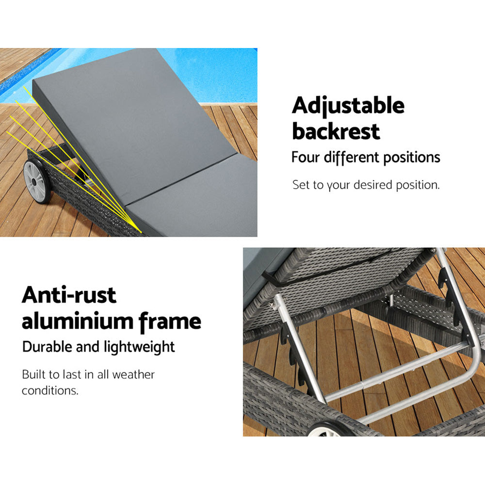 Gardeon Sun Lounge Wicker Lounger Outdoor Furniture Day Bed Wheels Patio Grey-Sun Lounges-PEROZ Accessories