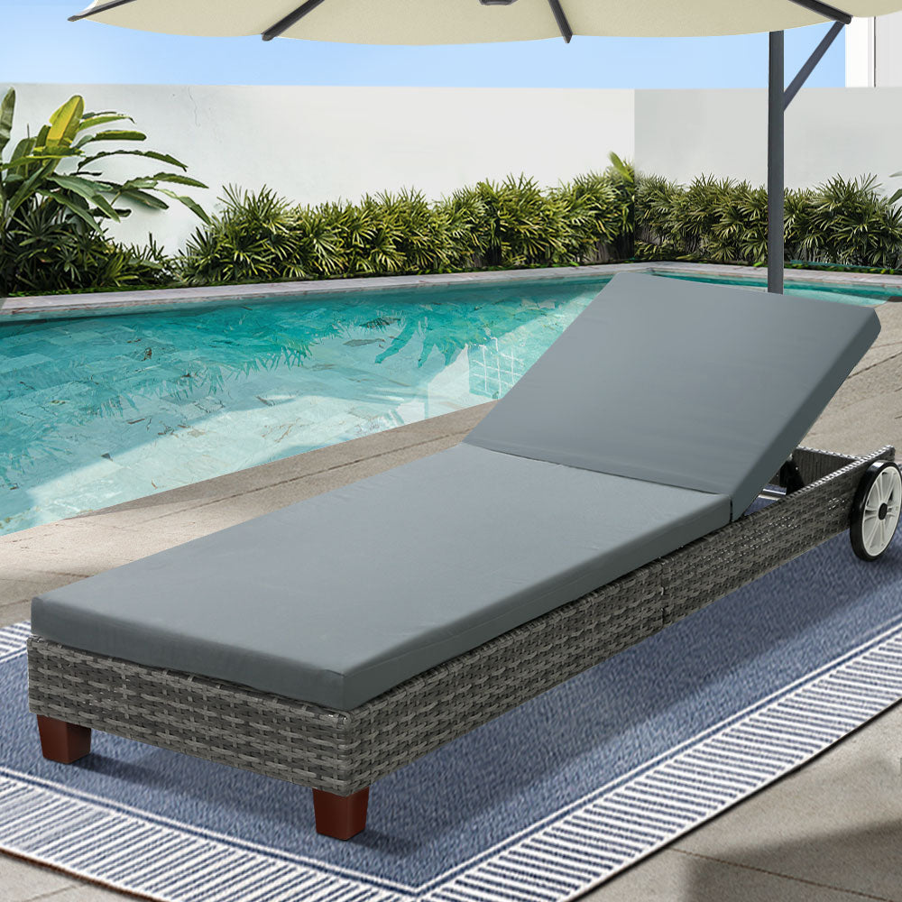Gardeon Sun Lounge Wicker Lounger Outdoor Furniture Day Bed Wheels Patio Grey-Sun Lounges-PEROZ Accessories