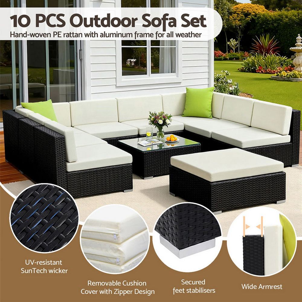 Gardeon 10-Piece Outdoor Sofa Set Wicker Couch Lounge Setting Cover-Outdoor Sofa Sets-PEROZ Accessories