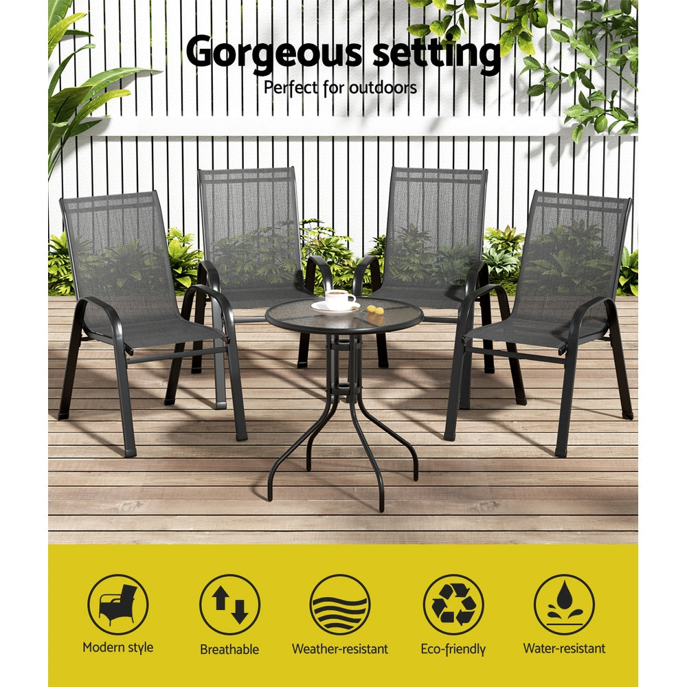 Gardeon 5PC Bistro Set Outdoor Table and Chairs Stackable Outdoor Furniture Black-Outdoor Bistro Sets-PEROZ Accessories
