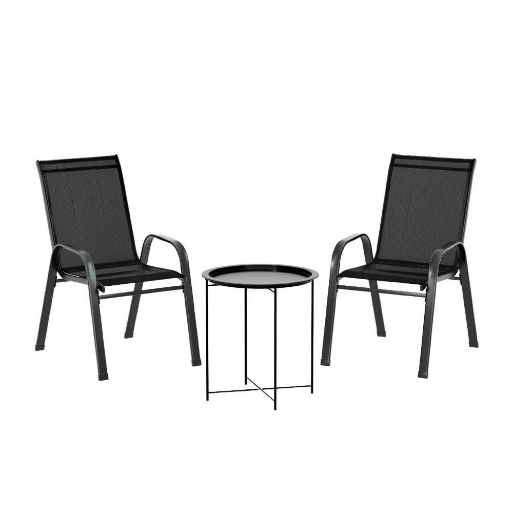Gardeon 3PC Outdoor Bistro Set Patio Furniture Table and Chairs Stackable Black-Furniture > Outdoor > Outdoor Sofas & Lounge Sets-PEROZ Accessories