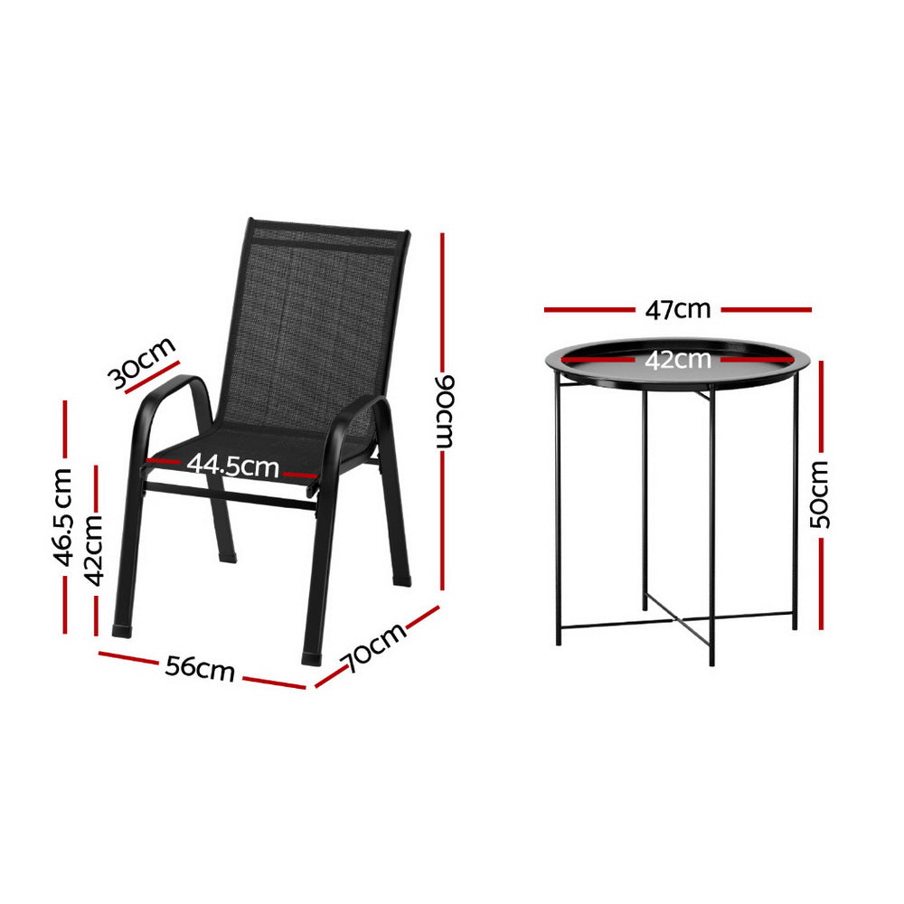 Gardeon 3PC Outdoor Bistro Set Patio Furniture Table and Chairs Stackable Black-Furniture > Outdoor > Outdoor Sofas & Lounge Sets-PEROZ Accessories
