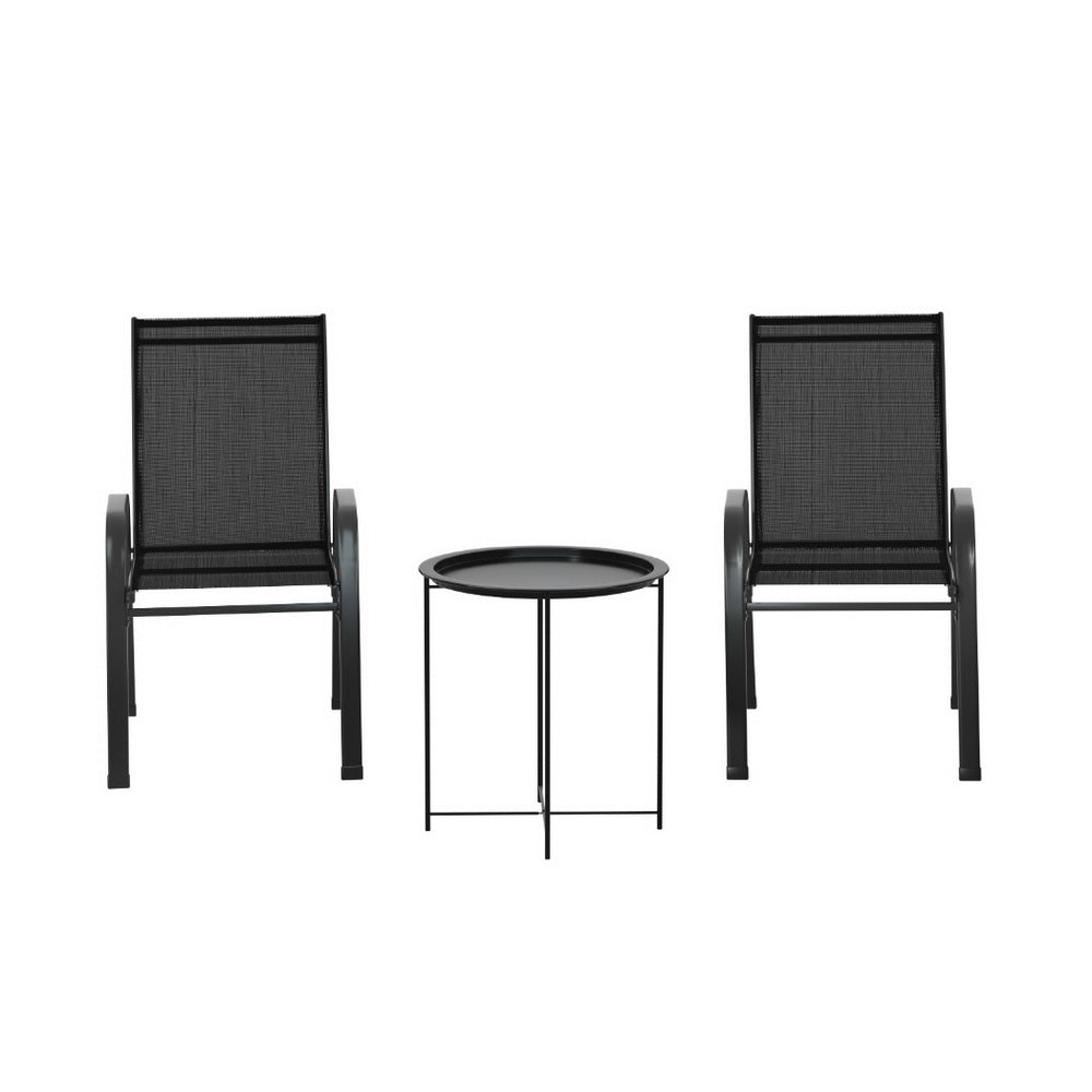 Gardeon 3PC Outdoor Bistro Set Patio Furniture Table and Chairs Stackable Black-Furniture > Outdoor > Outdoor Sofas & Lounge Sets-PEROZ Accessories