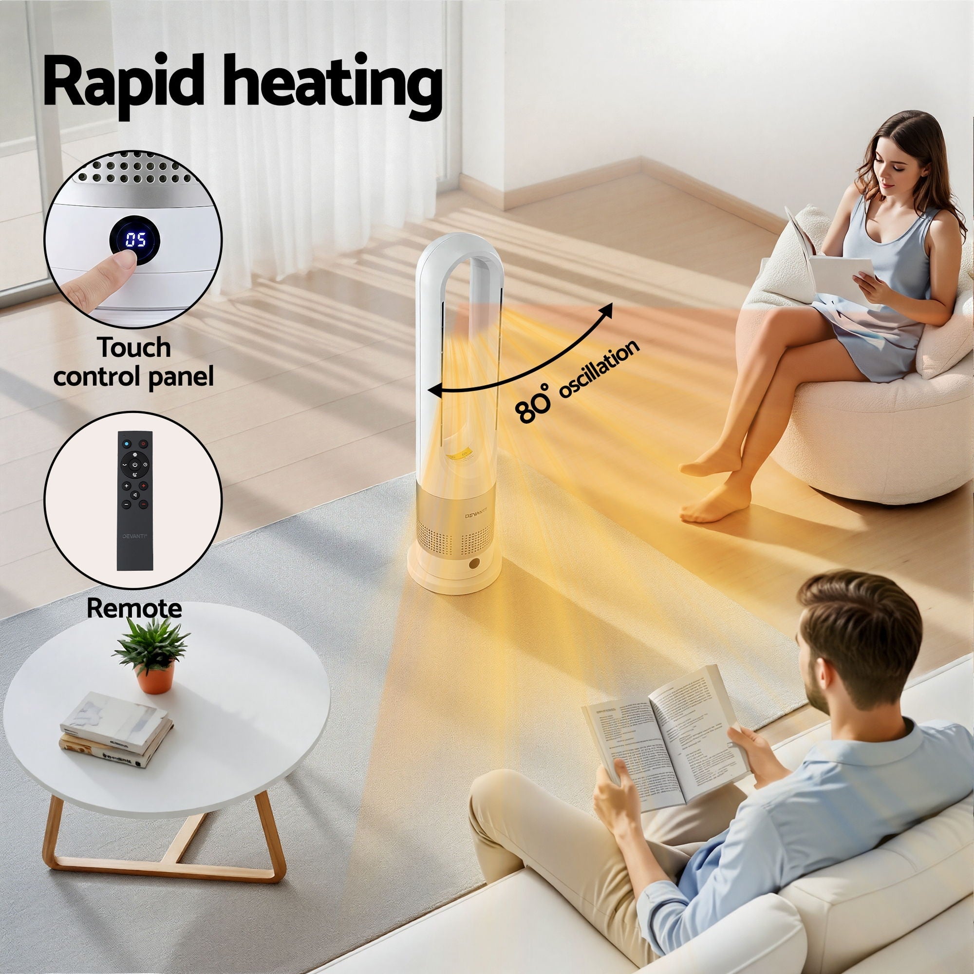 Devanti Bladeless Tower Fan Heater and Cooler 2in1 Portable Oscillation Fan for Bedroom Room Office Use White-Appliances > Heaters > Electric Heaters-PEROZ Accessories