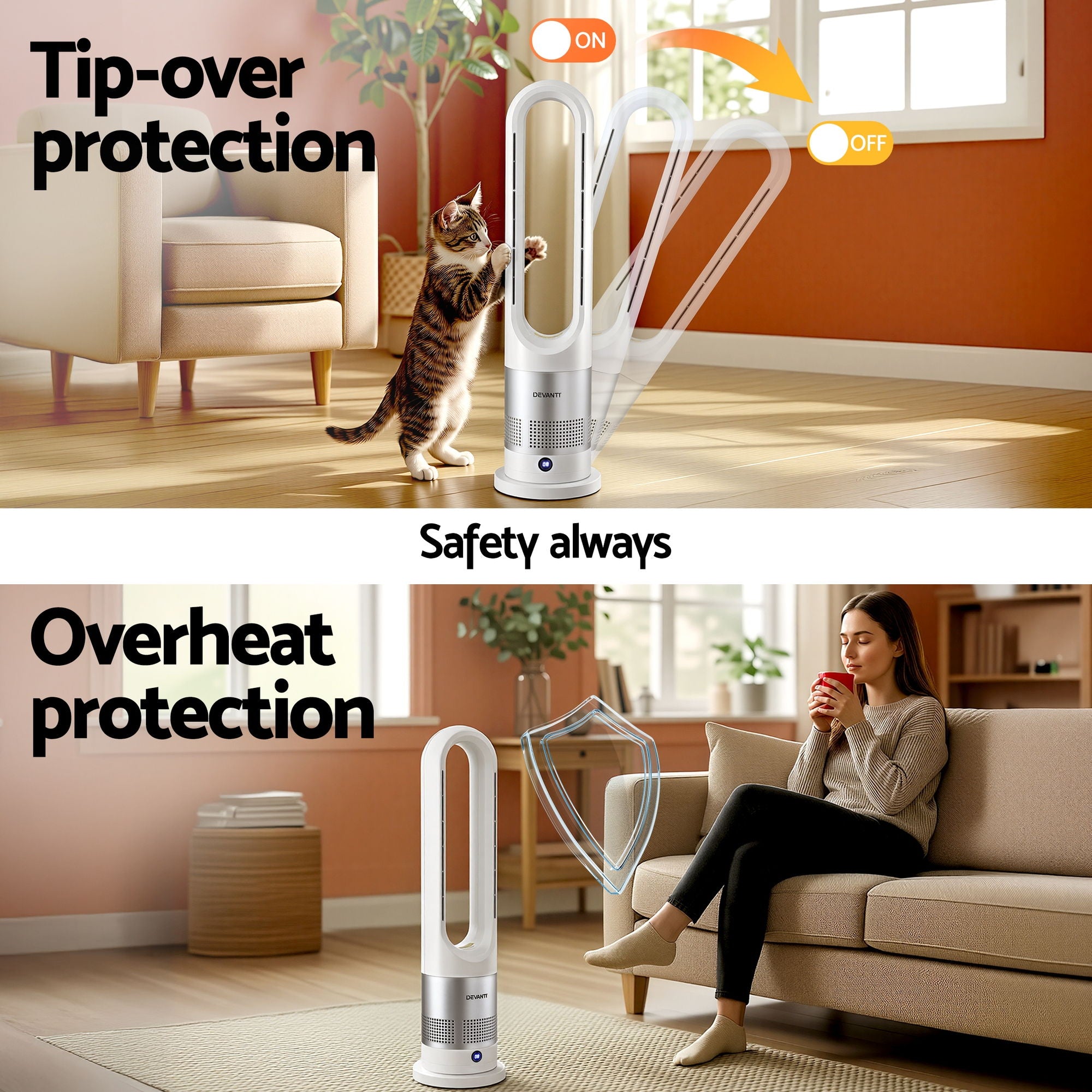 Devanti Bladeless Tower Fan Heater and Cooler 2in1 Portable Oscillation Fan for Bedroom Room Office Use White-Appliances > Heaters > Electric Heaters-PEROZ Accessories