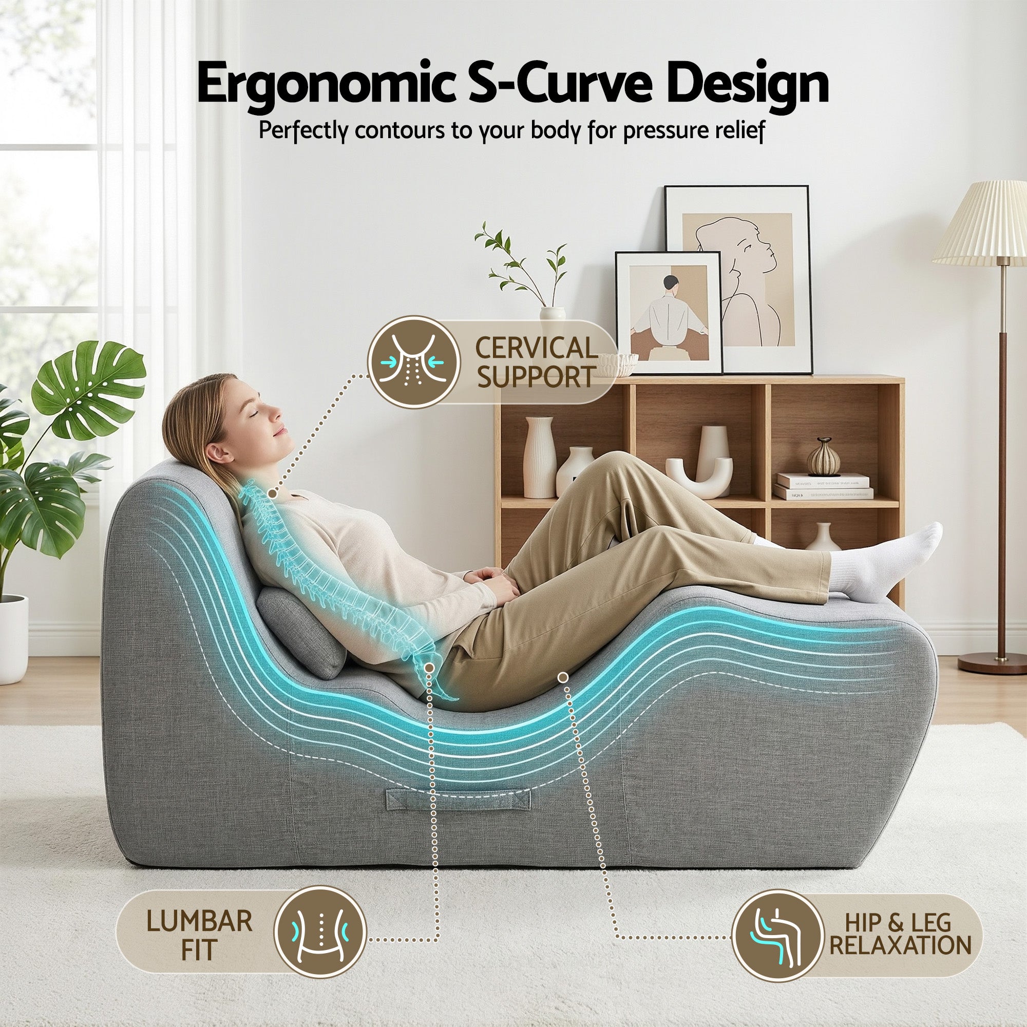 Artiss Chaise Lounge Chair Ergonomic S-Curve Floor Lounger Boneless Lounge Chairs Grey-Furniture > Bar Stools & Chairs > Arm Chairs & Recliners-PEROZ Accessories