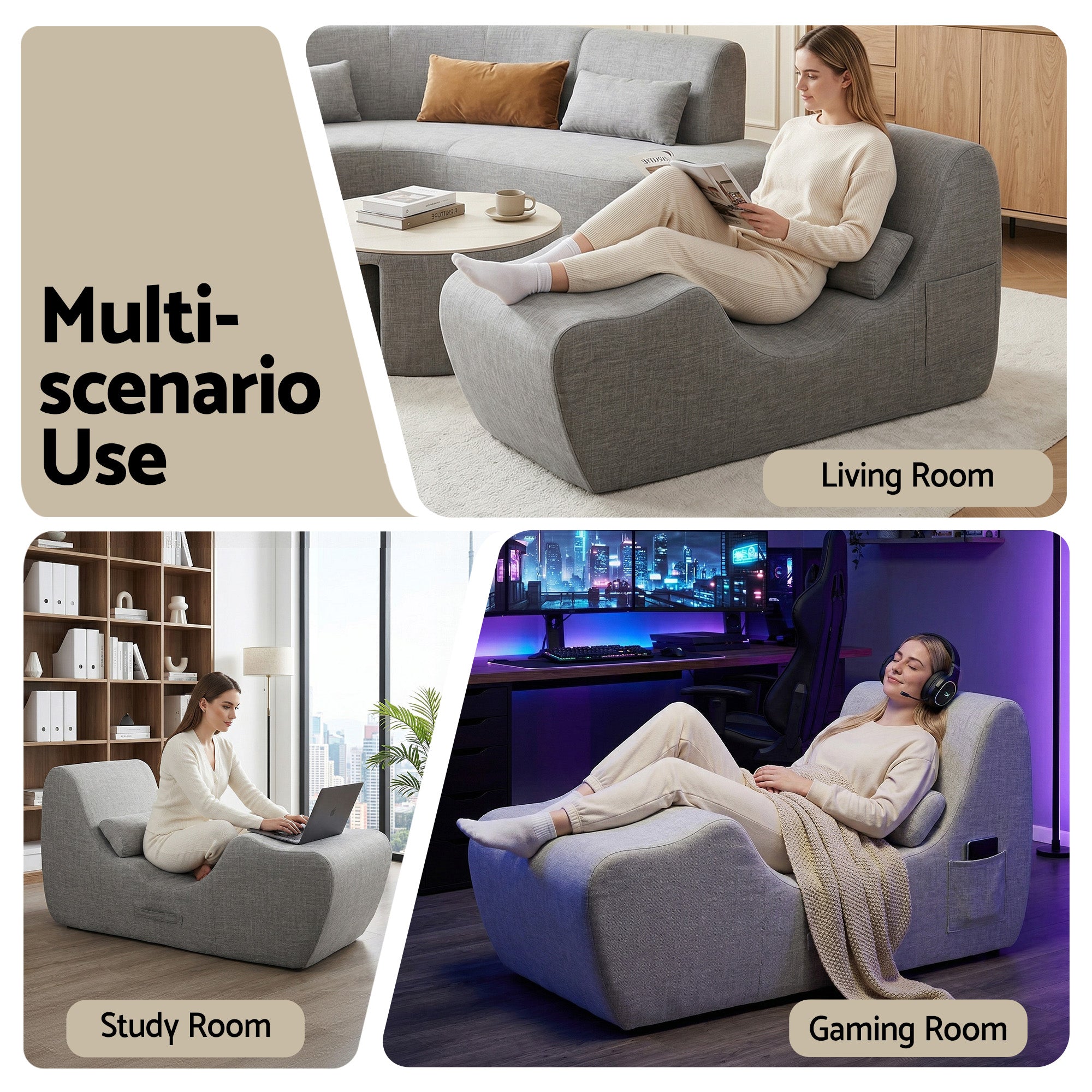 Artiss Chaise Lounge Chair Ergonomic S-Curve Floor Lounger Boneless Lounge Chairs Grey-Furniture > Bar Stools & Chairs > Arm Chairs & Recliners-PEROZ Accessories