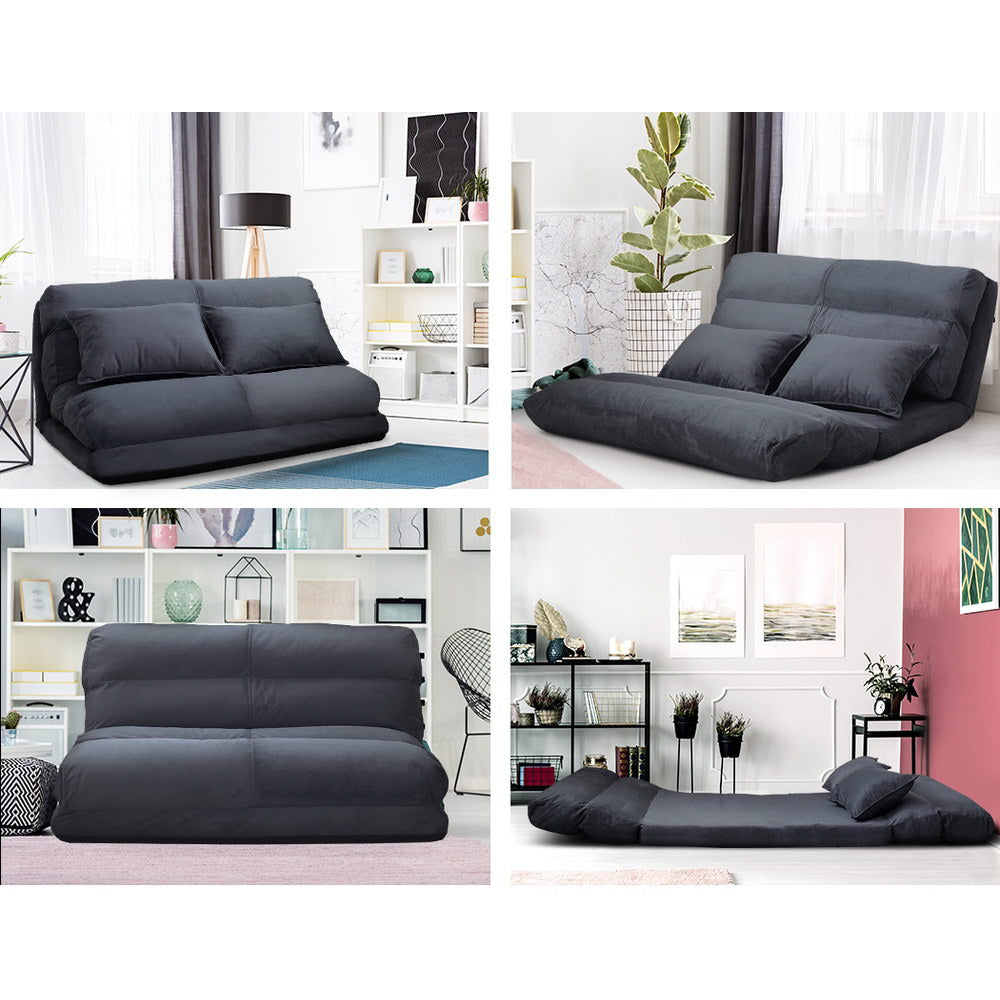 Artiss Floor Lounge Sofa Bed 2-seater Charcoal Suede-Furniture > Living Room-PEROZ Accessories