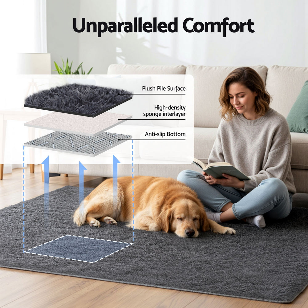 Artiss Floor Rug 140x200cm Plush Area Shaggy Rug Living Room Bedroom Carpet Grey-Home & Garden > Rugs > Floor Rugs-PEROZ Accessories