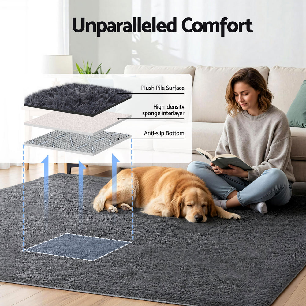 Artiss Floor Rug 200x230cm Plush Area Shaggy Rug Living Room Bedroom Carpet Grey-Home & Garden > Rugs > Floor Rugs-PEROZ Accessories