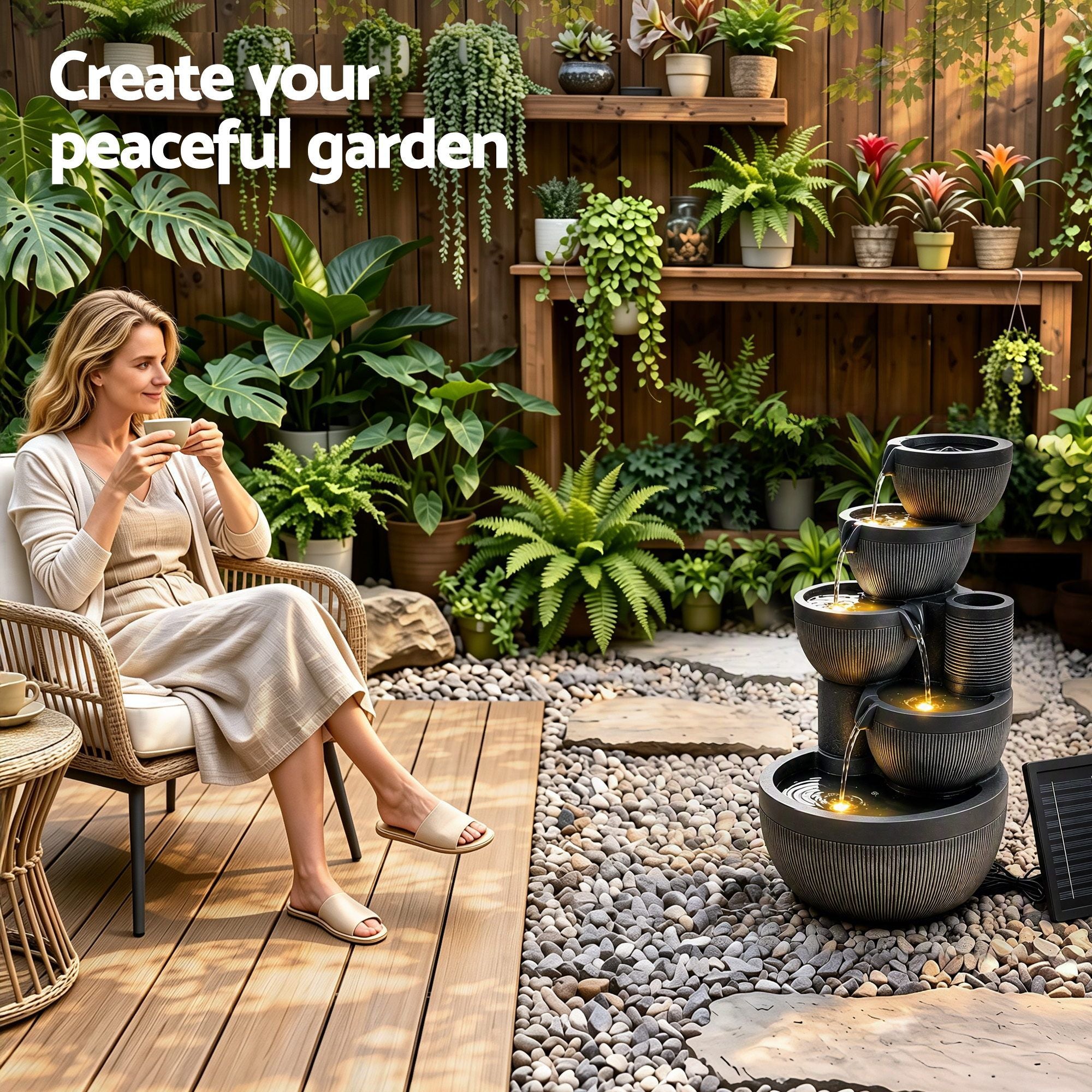 Gardeon Solar Fountain Water Feature 5-Tier Cascading Bowl Grey 51cm
