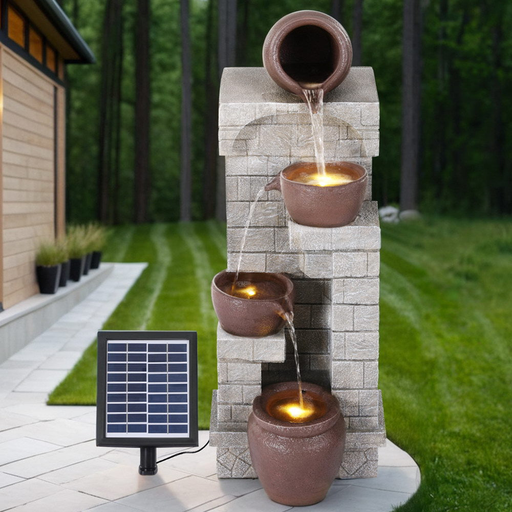 Gardeon Solar Fountain Water Feature Pot Outdoor Indoor 4-Tier Cascading Brown-Home & Garden > Fountains > Fountains & Ponds-PEROZ Accessories
