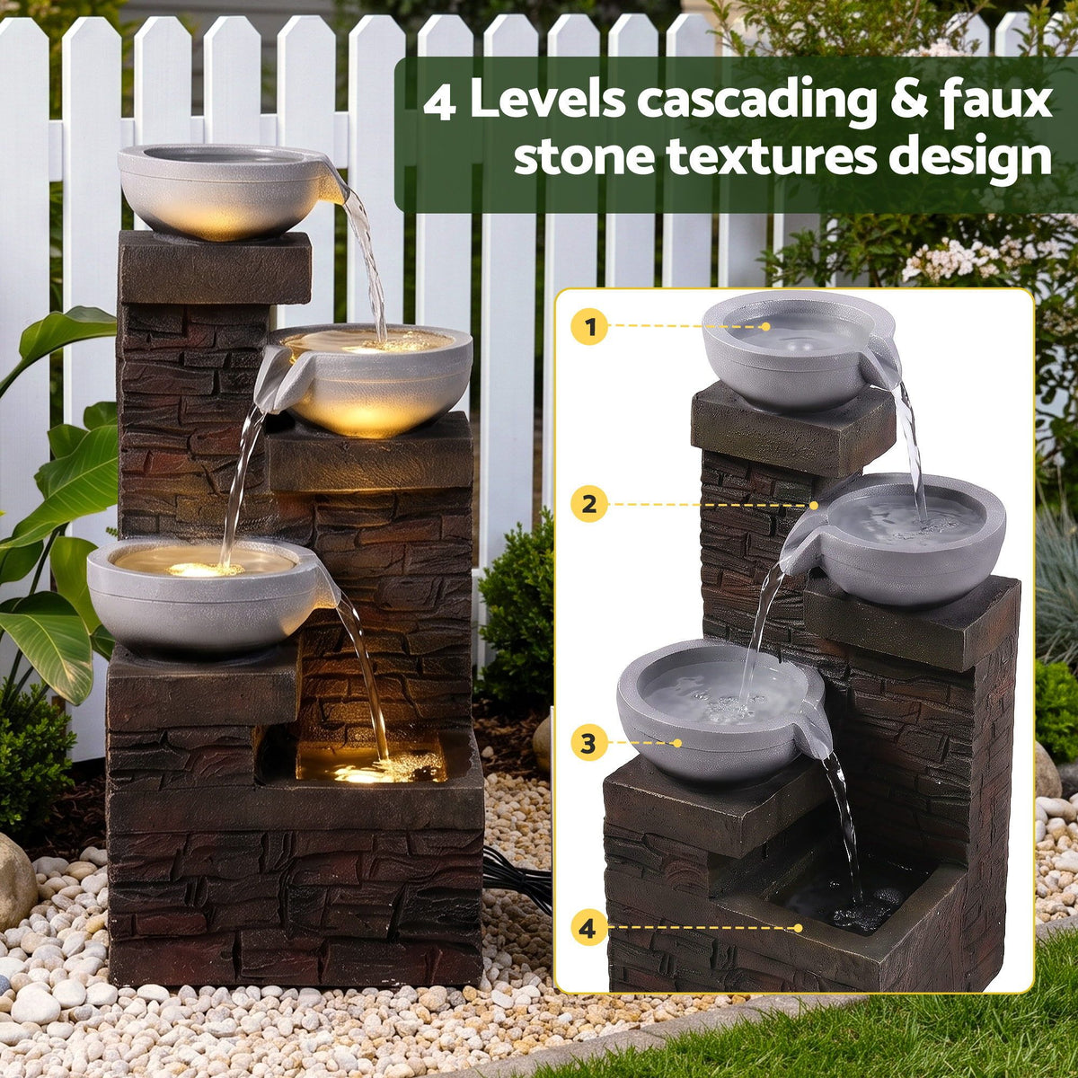 Gardeon Solar Fountain 4 Levels Cascading Bowl Water Feature 75cm Brown-Home & Garden > Fountains > Fountains & Ponds-PEROZ Accessories