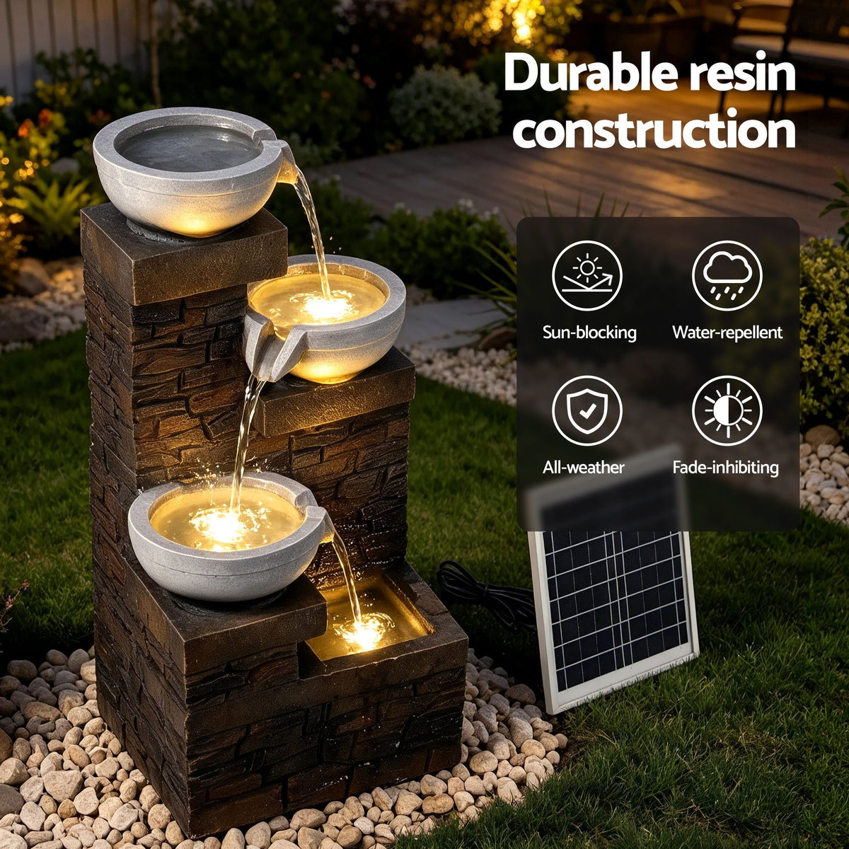 Gardeon Solar Fountain 4 Levels Cascading Bowl Water Feature 75cm Brown-Home & Garden > Fountains > Fountains & Ponds-PEROZ Accessories