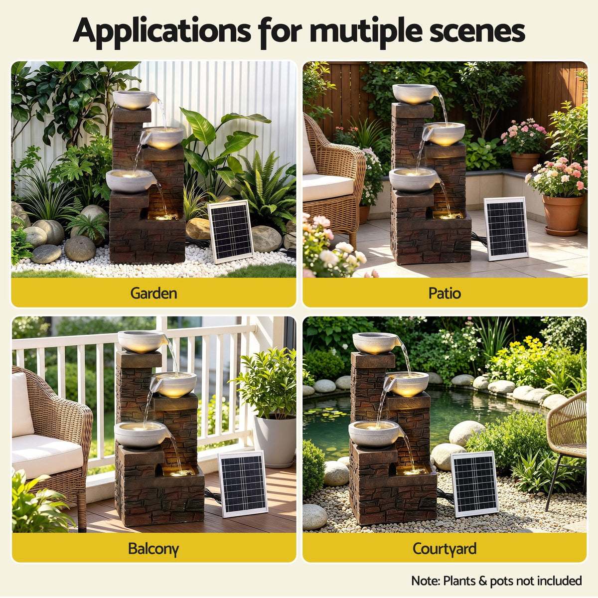 Gardeon Solar Fountain 4 Levels Cascading Bowl Water Feature 75cm Brown-Home & Garden > Fountains > Fountains & Ponds-PEROZ Accessories