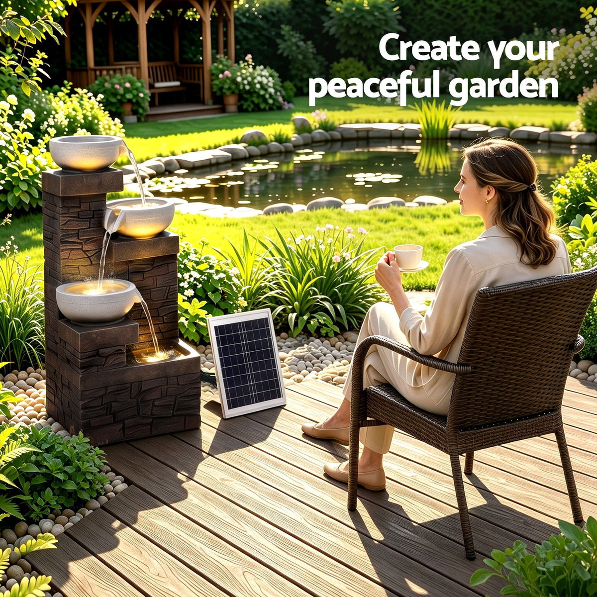 Gardeon Solar Fountain 4 Levels Cascading Bowl Water Feature 75cm Brown-Home & Garden > Fountains > Fountains & Ponds-PEROZ Accessories