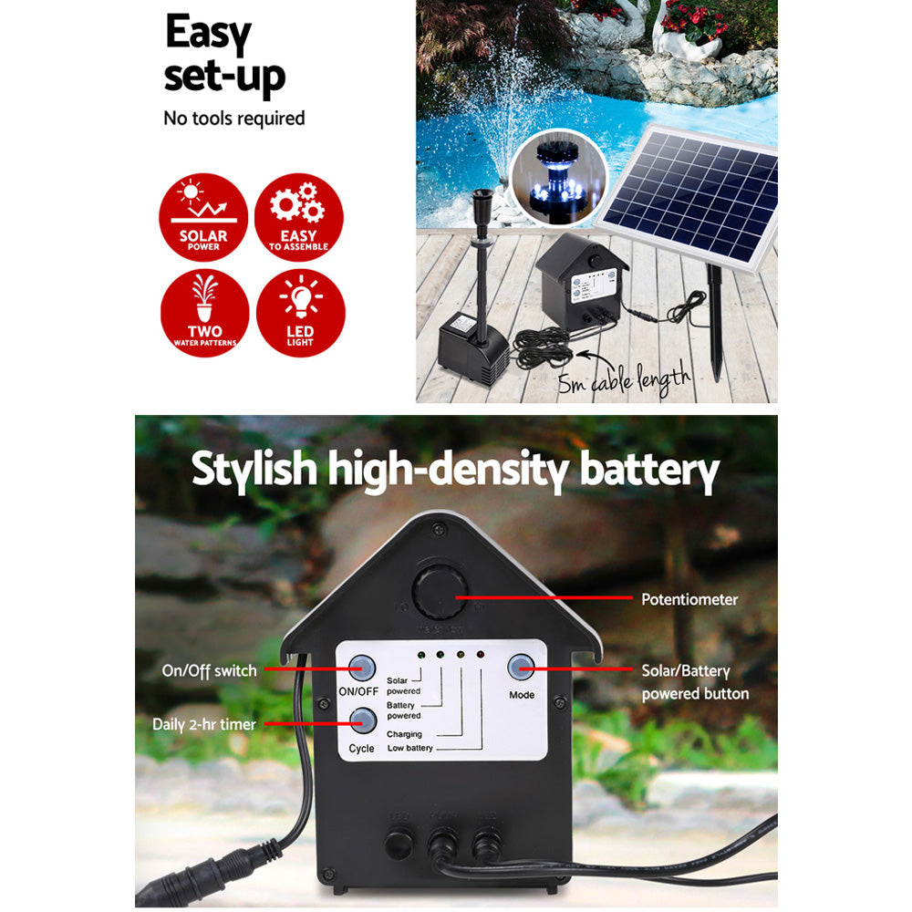 Gardeon Solar Pond Pump with Battery Kit LED Lights 6.6FT-Home & Garden > Garden Tools-PEROZ Accessories