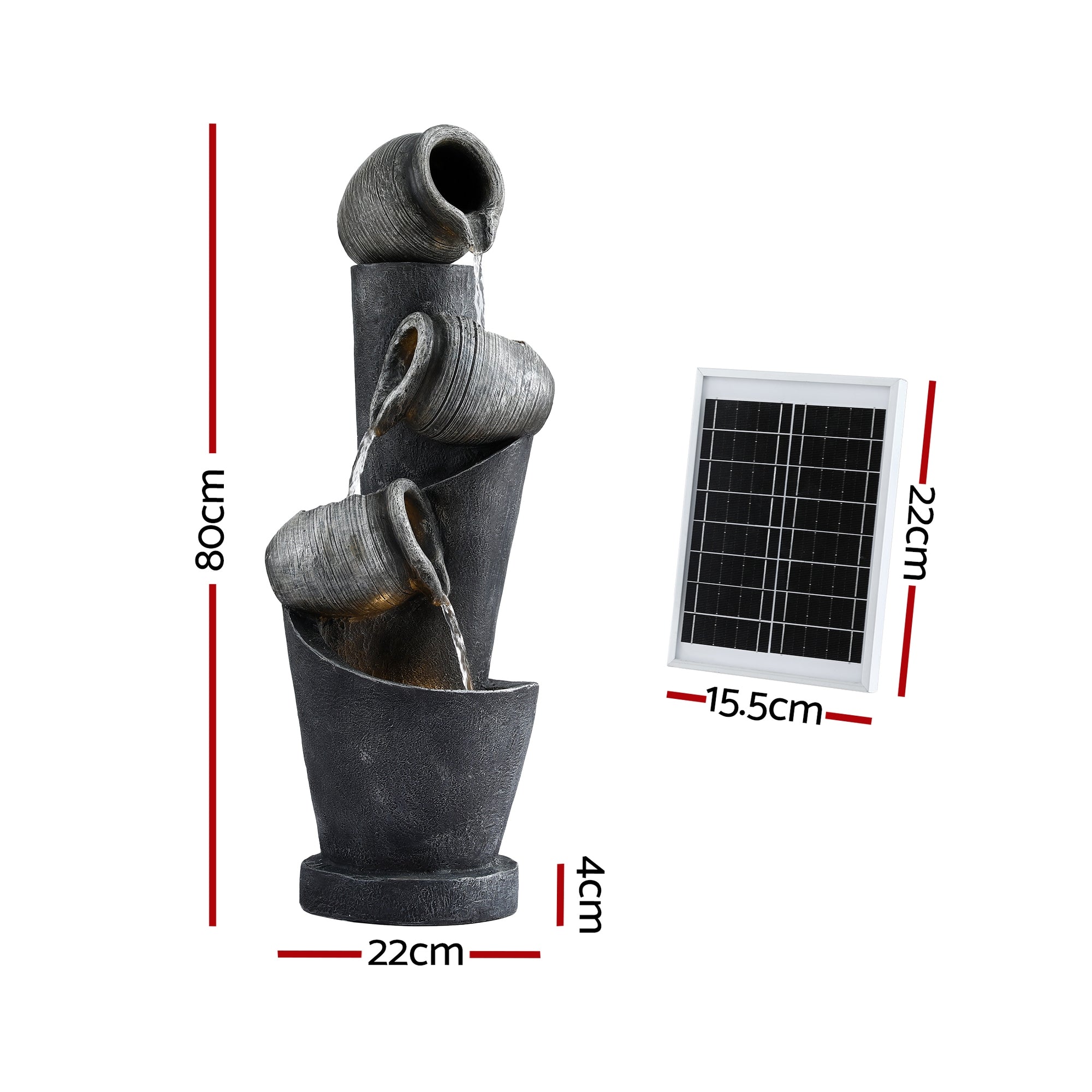 Gardeon Solar Fountain Water Feature Cascading Fountain 3-Tier Pot LED Lights 80CM Grey-Home & Garden > Fountains > Fountains & Ponds-PEROZ Accessories