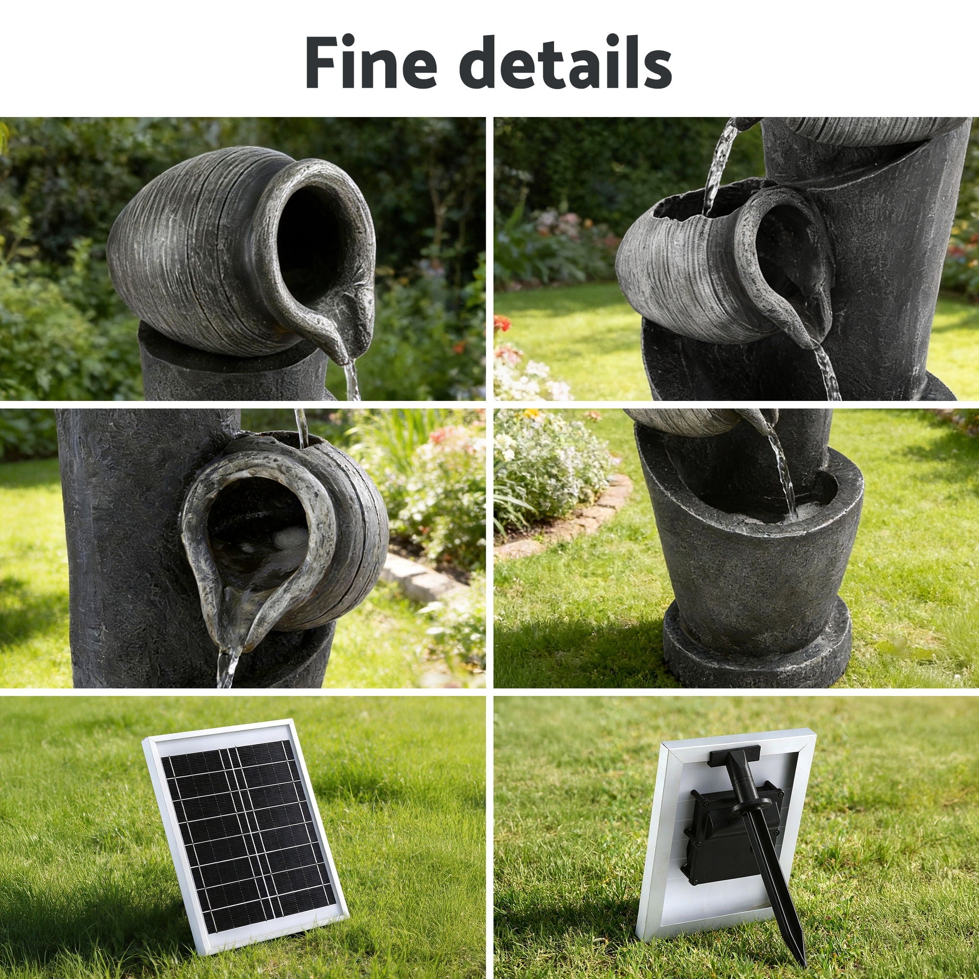 Gardeon Solar Fountain Water Feature Cascading Fountain 3-Tier Pot LED Lights 80CM Grey-Home & Garden > Fountains > Fountains & Ponds-PEROZ Accessories