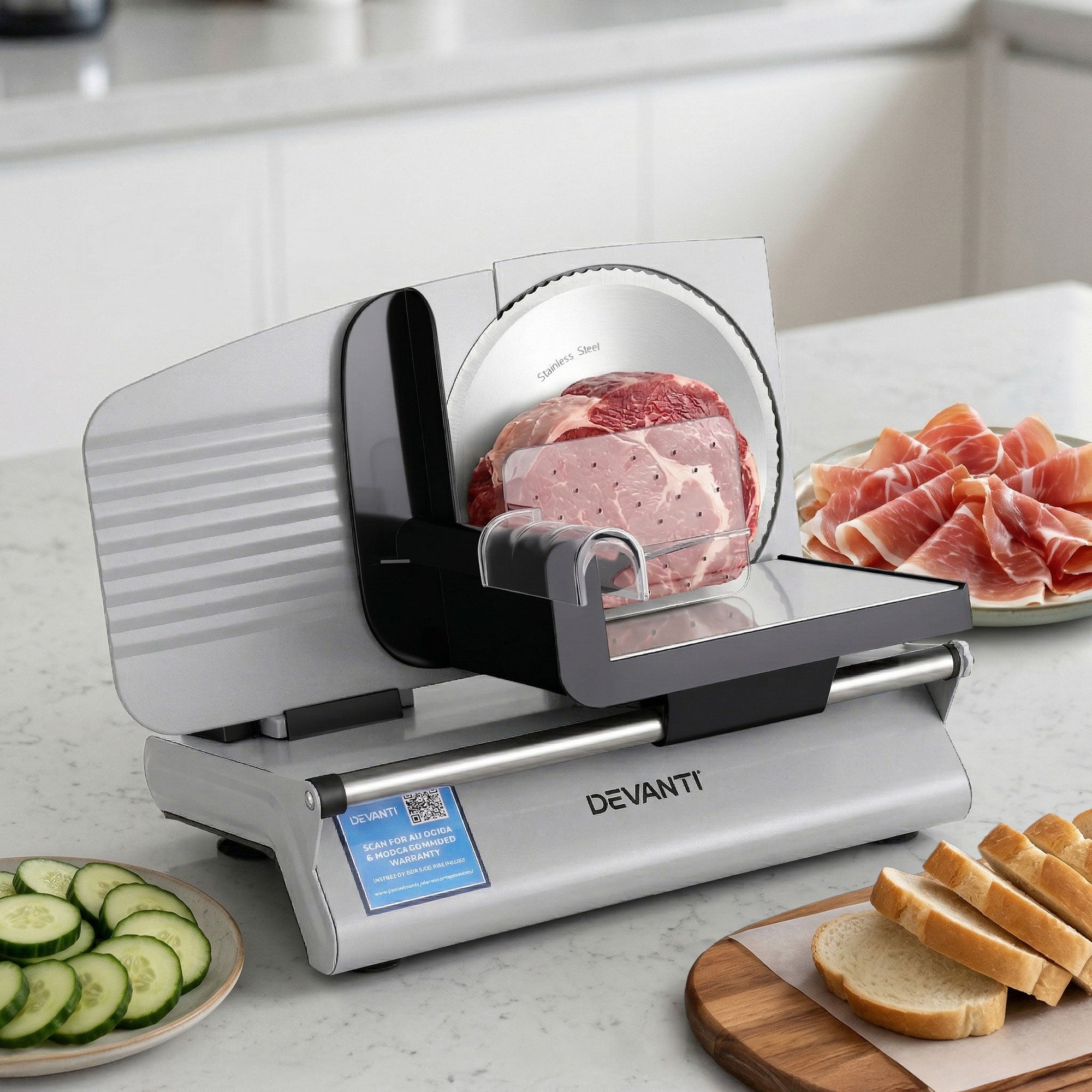 Devanti Meat Slicer Bread Vegetable, 200W Power 0-15mm Adjustable Easy Clean Stable Stainless Steel Blade Food Slicer for Kitchen Commercial, Silver-Appliances > Kitchen Appliances > Kitchen Appliance Accessories-PEROZ Accessories