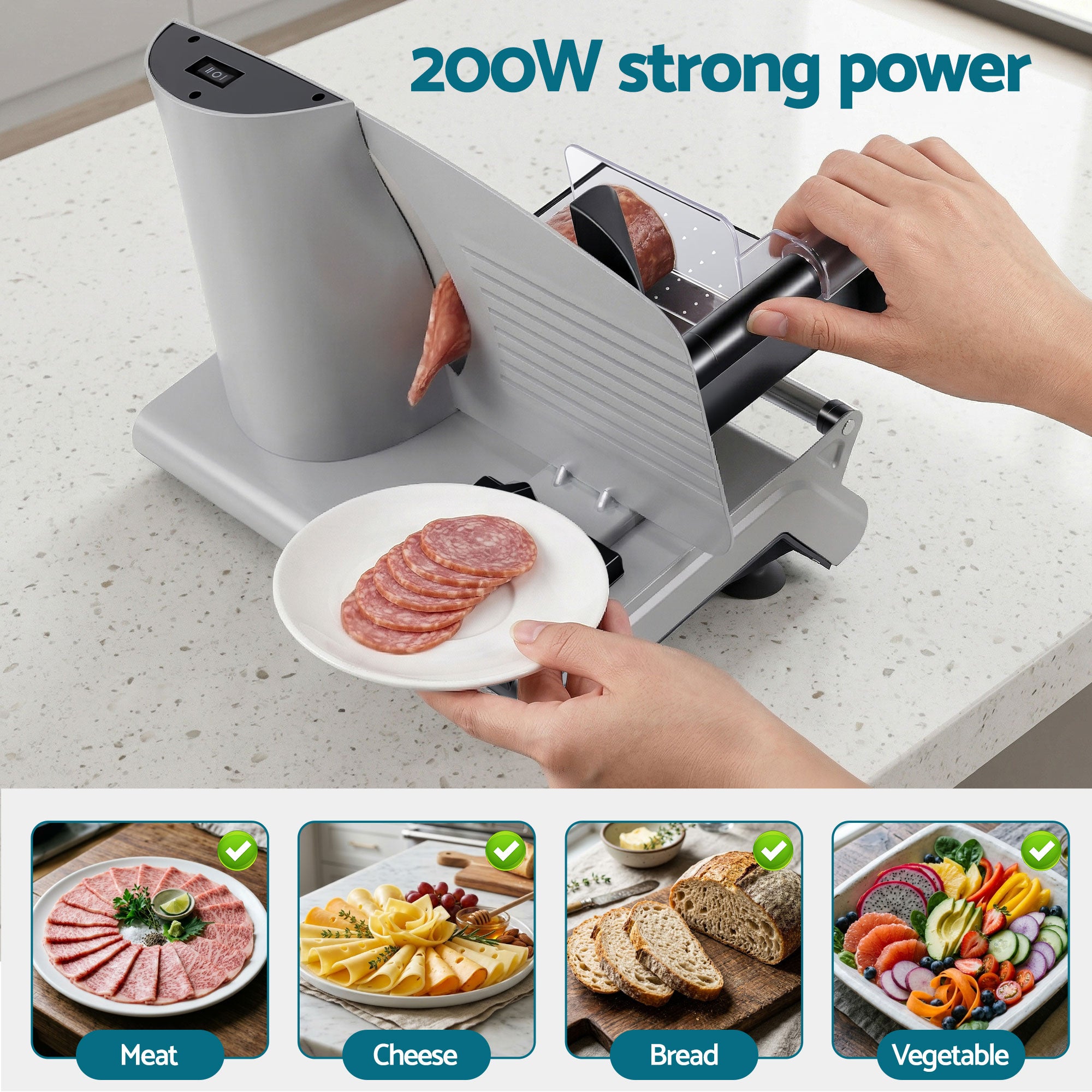 Devanti Meat Slicer Bread Vegetable, 200W Power 0-15mm Adjustable Easy Clean Stable Stainless Steel Blade Food Slicer for Kitchen Commercial, Silver-Appliances > Kitchen Appliances > Kitchen Appliance Accessories-PEROZ Accessories