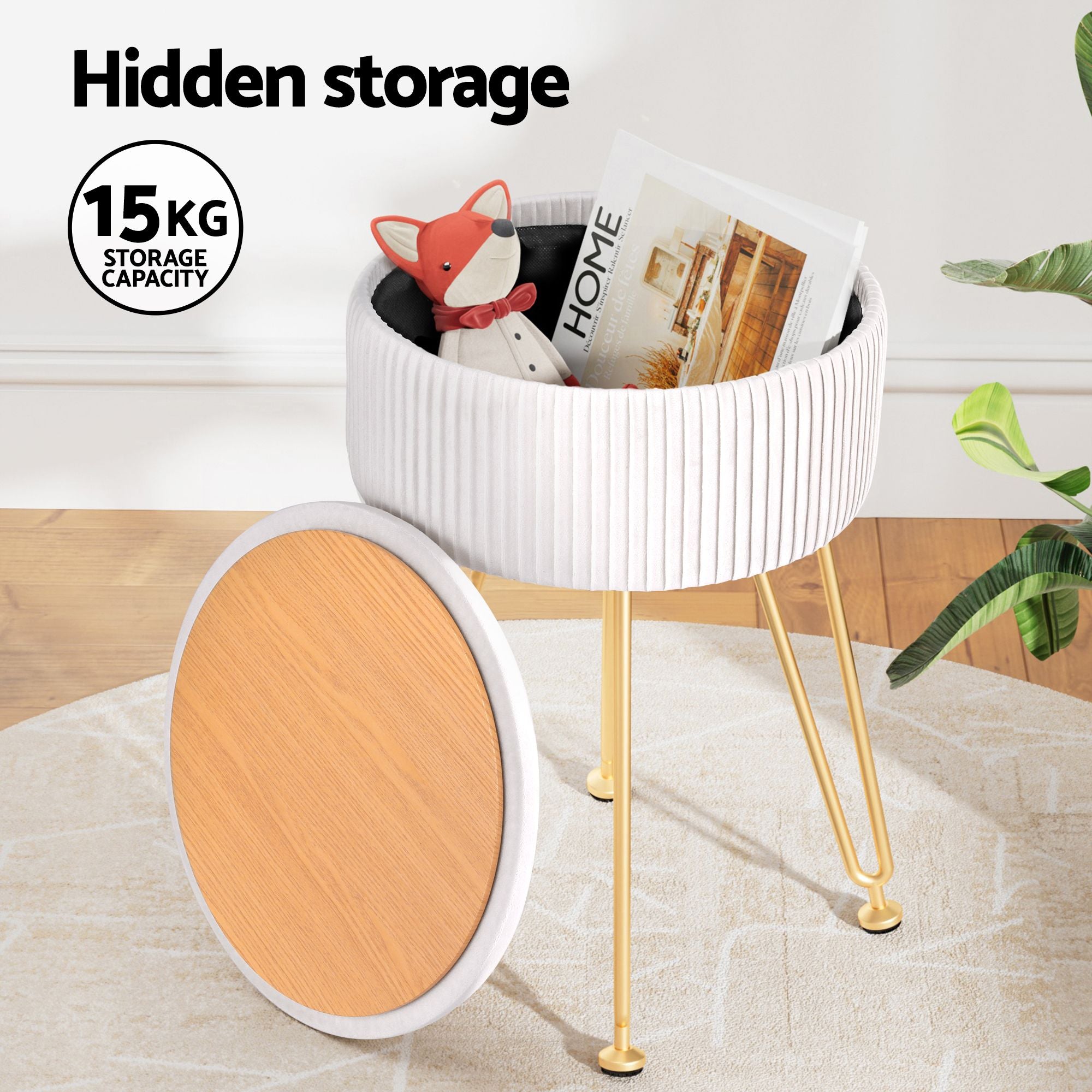 Artiss Ottoman Storage Foot Stool Vanity Velvet Round White-Furniture > Living Room > Ottomans & Footstools-PEROZ Accessories