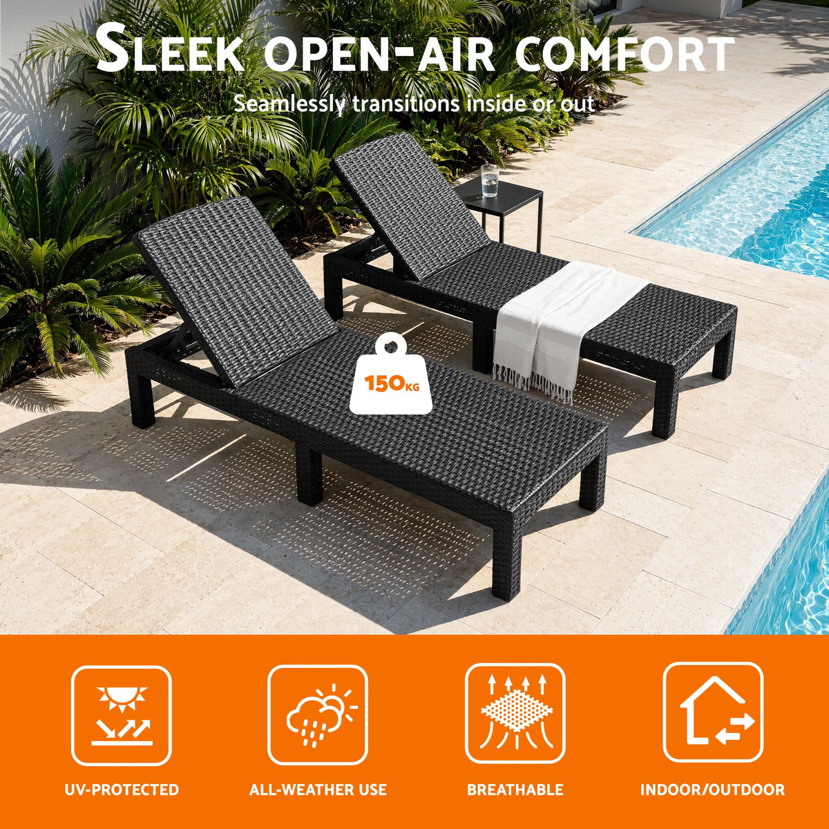 Gardeon 2X Foldable Sun Lounges Outdoor Recliner Patio Beach Chair Rattan Black-Furniture > Outdoor > Outdoor Chairs-PEROZ Accessories