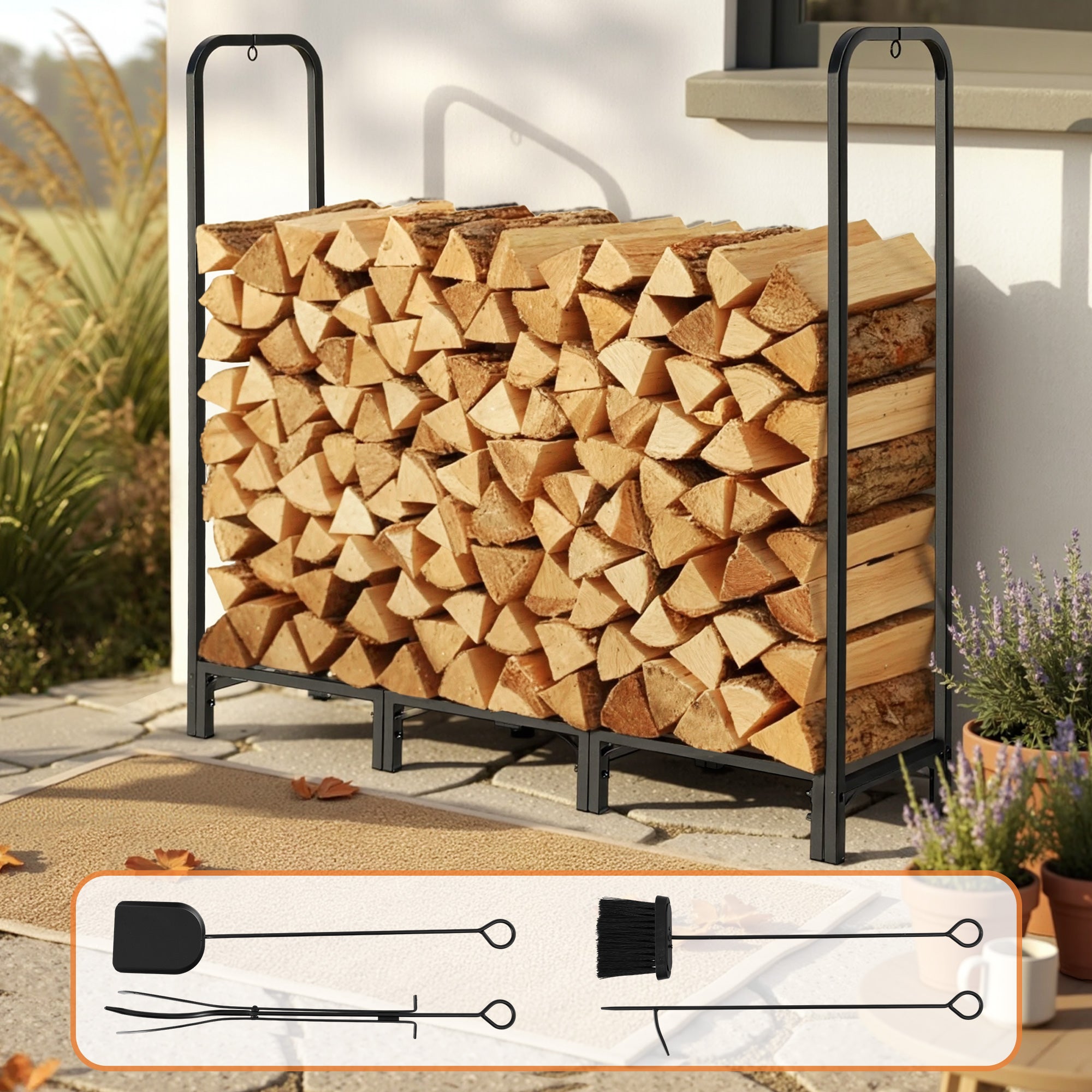Gardeon Firewood Rack 120cm Wood Rack 3 Sizes Firewood Storage with Tools Black-Home & Garden > Garden Tools > Gardening Accessories-PEROZ Accessories