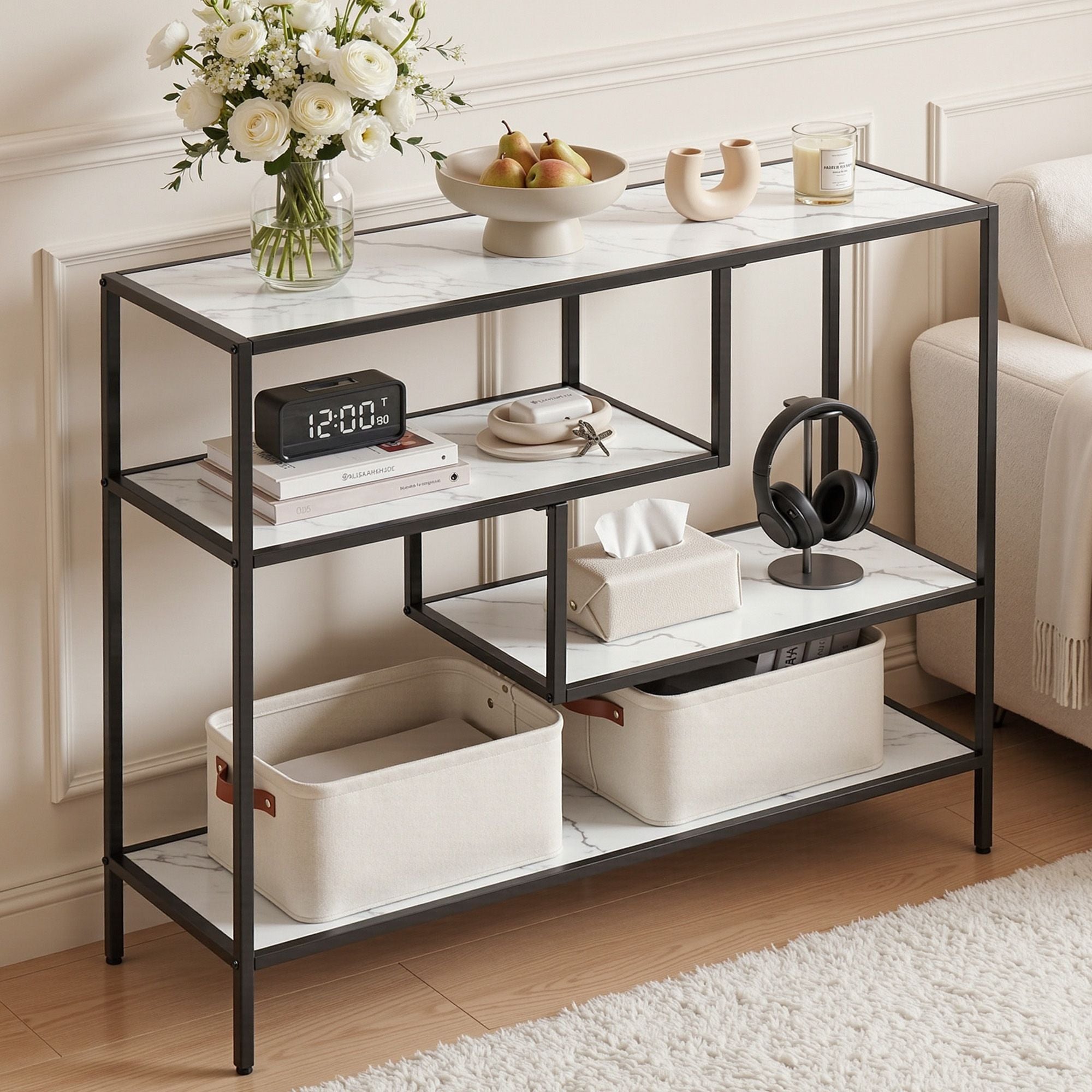 Artiss Console Table Entryway Hallway Marble Effect 4-Tier Storage Shelves White-Furniture > Living Room > Side Tables-PEROZ Accessories