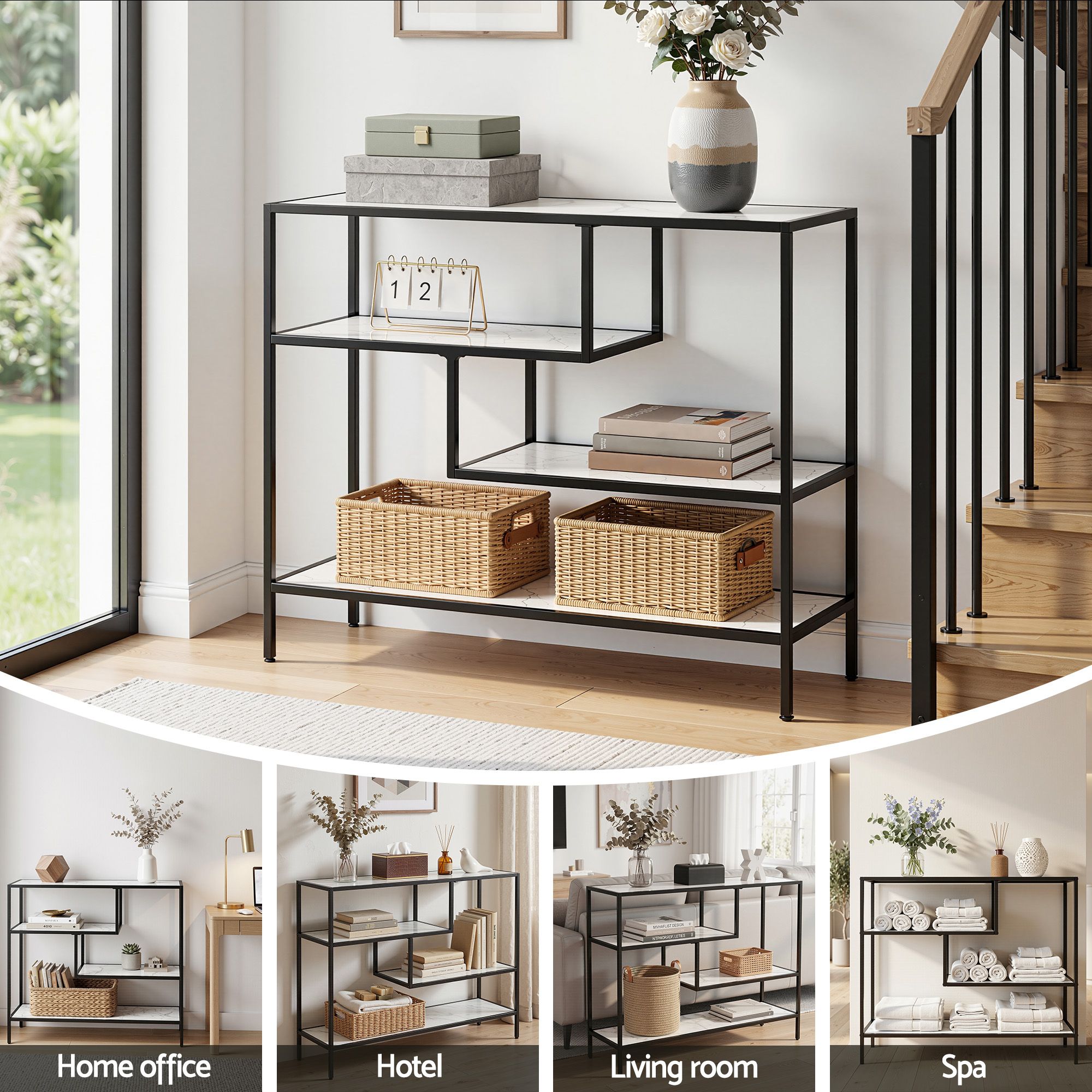 Artiss Console Table Entryway Hallway Marble Effect 4-Tier Storage Shelves White-Furniture > Living Room > Side Tables-PEROZ Accessories