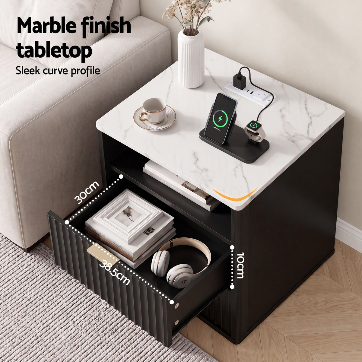 Artiss Bedside Table with Charging Station and 2 Drawers Black-Furniture > Bedroom > Bedside Tables-PEROZ Accessories